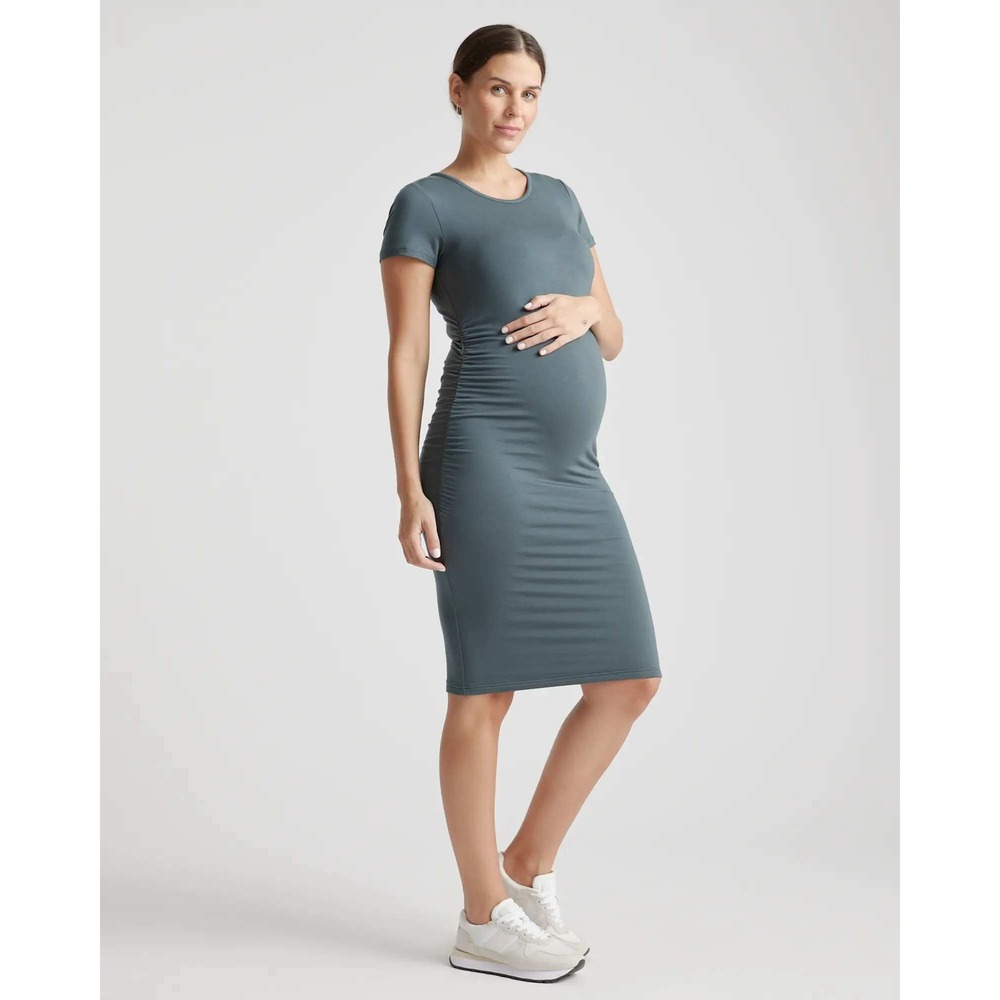 Quince Tencel Touched Maternity Bodycon Dress Dark Olive Small Ruched NWT
